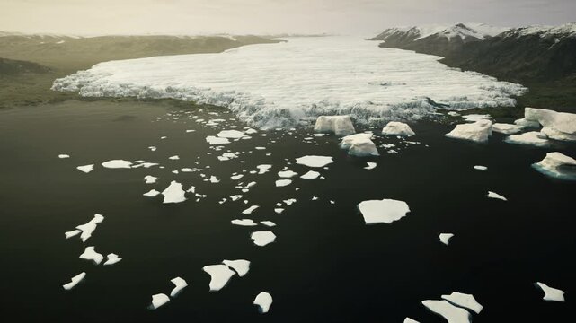 Aerial Antarctica survey shot showing fragmented pack ice floating in dark polar water, long coastline visible with textured glacier front, mood of scientific