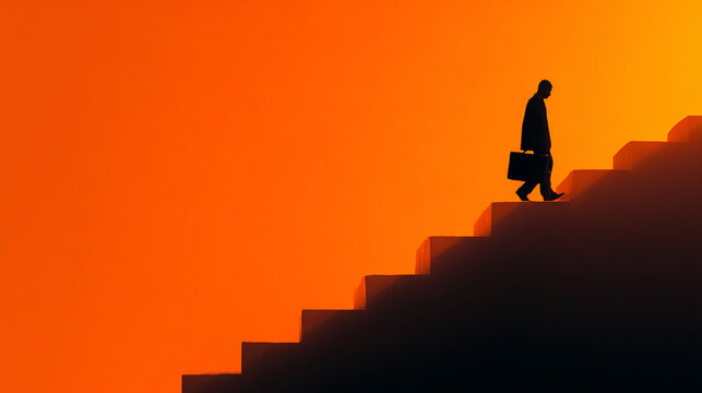 Business professional climbing stairs symbolizing career growth and personal development in a modern setting