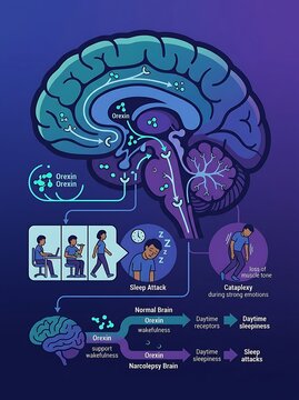 Medical infographic about orexin pathways and narcolepsy effects
