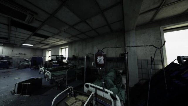 Quarantine overflow ward with empty stretchers and used iv bags, muted light and cracked walls amplify unsettling quiet, scattered medical supplies