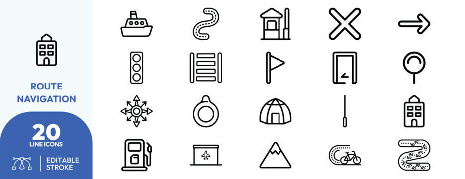 Navigation Pathfinder set. Containing ferry, winding road, traffic lights, mountain path, directional arrow, tent, gas pump, airplane, mountain, bicycle, and. Editable stroke. Vector illustration.