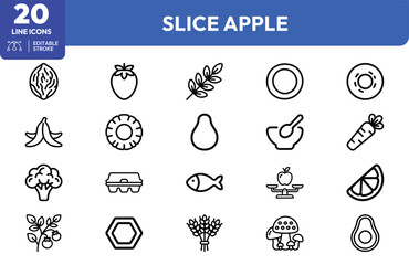Culinary Ingredients set. Containing sliced , strawberry, leafy greens, pear, carrot, broccoli, peach, mushroom, avocado, fish, scale, and kitchen tools. Editable stroke. Vector illustration. © khopidd232