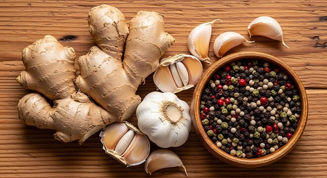 Ginger roots and garlic cloves with peppercorns on wooden table