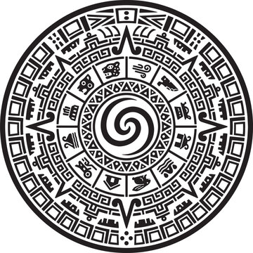 Aztec calendar stone circular emblem with ancient symbols and a central spiral pattern in black and white line on a white background isolated