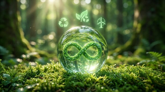 Circular economy concept illustrating leaf infinity symbol within glass globe against vibrant forest background with renewable energy icons.
