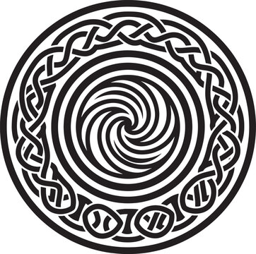 Black and white circular emblem featuring a central spiral surrounded by a thick braided celtic knot border on a clean white background surface