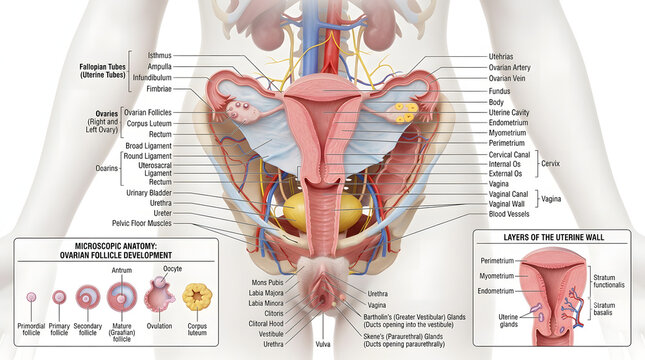 3D Human Female Reproductive System Anatomy with Labeled Internal Structures &ndash; Medical Illustration for Science Learning and Biology Education Poster