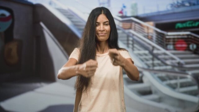 Young latin hispanic woman miming a steering wheel with both hands in a studio with escalator backdrop; playful confidence.