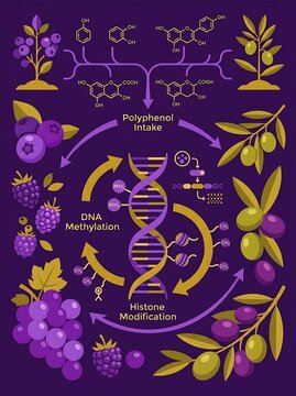 Science infographic showing how polyphenol intake affects epigenetics