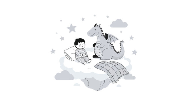A whimsical grayscale illustration depicting a young child sitting on a soft cloud with a friendly dragon under a starry night sky.