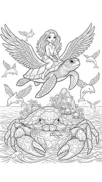 Magical Sea Journey with Winged Turtle and Giant Crab Island Coloring Page