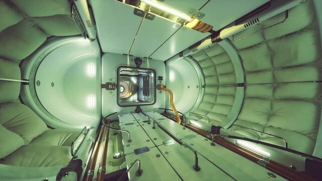 Padded space station habitat module, gear stowage and tether points, fabriclined walls and soft lighting, inflatable comfort meets utilitarian storage