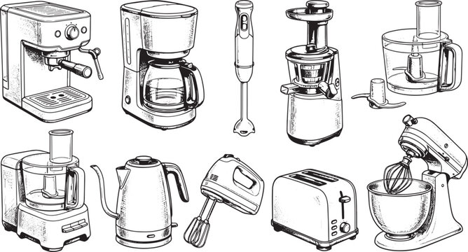 Hand drawn kitchen appliances collection featuring coffee makers blenders toasters and food processors in sketch style vector