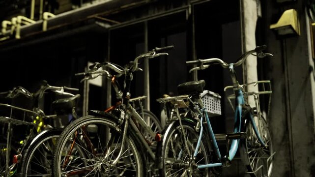 Row vintage bicycles leaned against historic storefront, patina paint and woven baskets visible, cobblestone sidewalk and carved facades evoke tourist district,