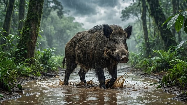Wild Boar Standing in Rainy Forest