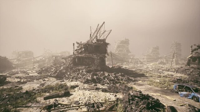 Collapsed central structure buried under grass, jagged concrete and twisted beams protruding from soil, soft light highlighting new growth, scene of slow