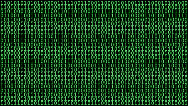 Green digital binary code programming data bytes running and changing across a dark computer screen background. Ideal for cybersecurity, matrix concept, and coding