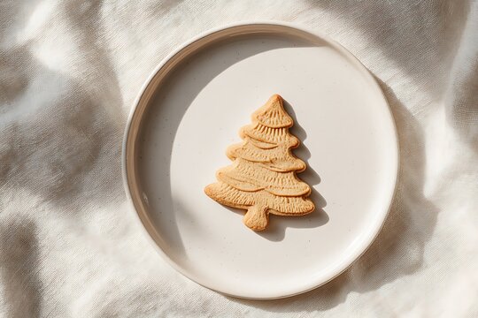 Minimalist Christmas tree shaped cookie on plate with soft sunlight and textured fabric background