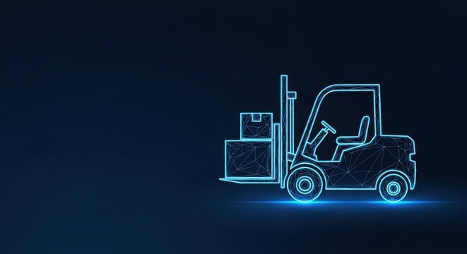 Futuristic glowing forklift truck with cargo boxes in a digital abstract warehouse environment