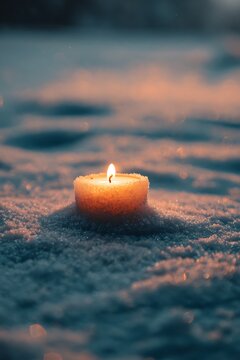 Burning candle glowing on cold snow during winter night with warm light bokeh background