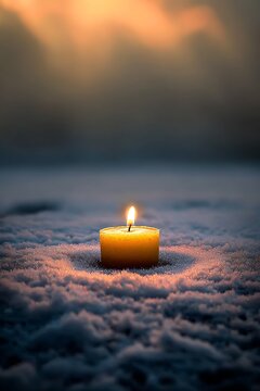 Lit yellow candle burning on cold snow at sunset representing hope and peaceful winter mood