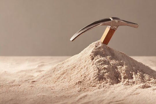 Metal pickaxe tool stuck in sand pile symbolising business discovery and professional resource extraction success