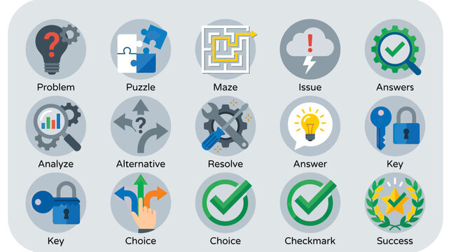 Problem Solving Icons: Analysis, Choice, Success, and Solutions
