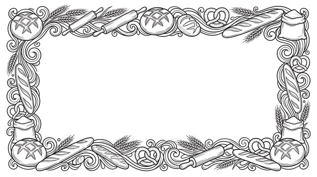 Artistic Hand-Drawn Bakery Frame Featuring Bread, Pastries, and Wheat Elements