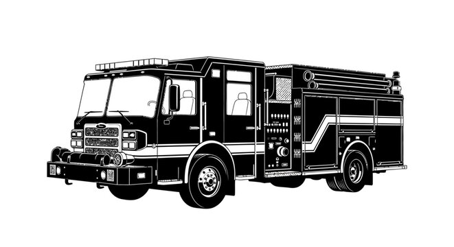 Detailed illustration of a black fire truck with showcasing front side profiles various equipment white illustration automotive transport with emergency