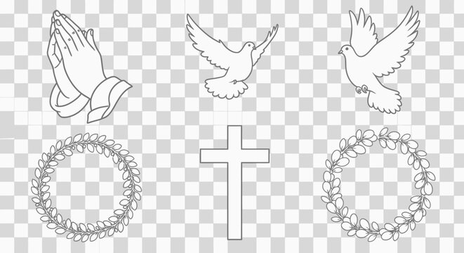 Praying hands doves cross and laurel wreaths on transparent background with collection religious symbols wreaths all black symbols with symbols