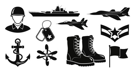 Military symbols with collection black white military themed icons including soldier aircraft aircraft ship boots military boot dog tag helicopter © Prema