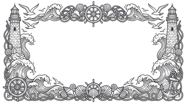 Nautical themed frame border with lighthouses waves and anchor illustration