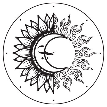 Celestial sun and moon hybrid with sunflower petals and swirling flame patterns in a circle on white