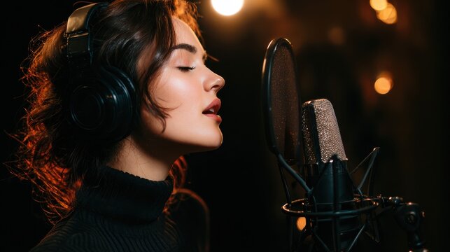 Female singer at the microphone. Singer recording a song at the music studio.