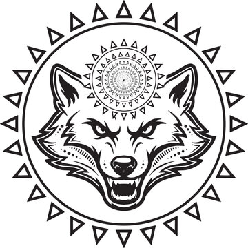 Black and white tribal wolf head emblem with geometric triangle border and intricate circular mandala pattern on white background