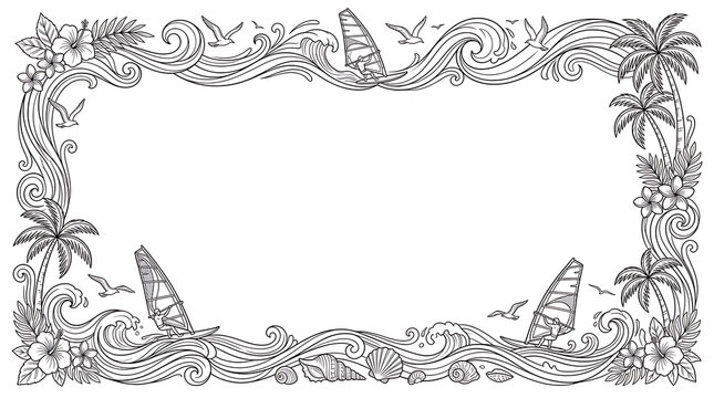 Tropical Ocean Border with Windsurfing and Palm Trees Line Art