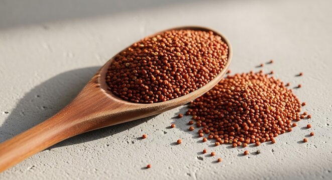 A wooden spoon filled with red quinoa seeds lies on a surface next to a small pile of seeds.