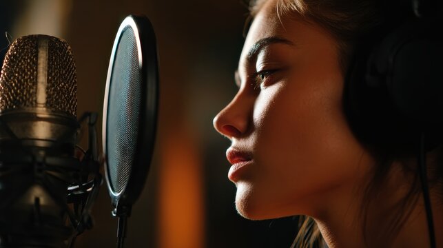 Female singer at the microphone. Singer recording a song at the music studio.
