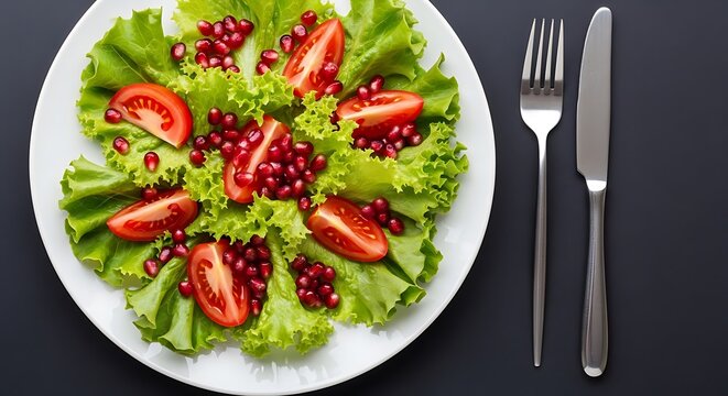 A delicious fruit salad with sliced strawberries and pomegranate seeds on a plate next to silverware