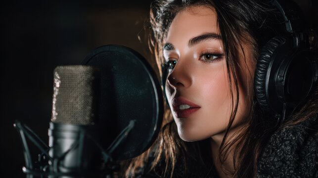 Female singer at the microphone. Singer recording a song at the music studio.
