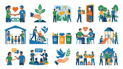 Fototapeta premium Flat Style Vector Icons Representing Community Service, Volunteering, and Care