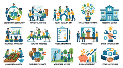 Naklejka premium Community Development and Social Program Flat Vector Icons Set. Non-profit Organization Activities Collection.
