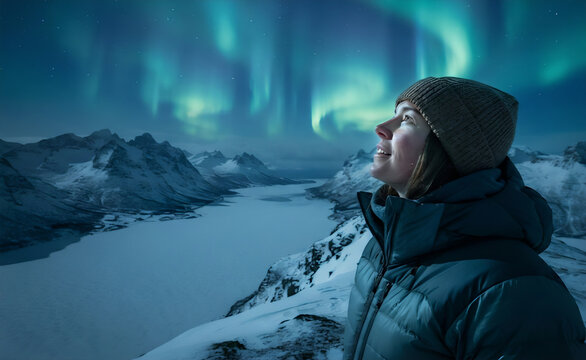 Woman standing in snow looking at the stunning Aurora Borealis