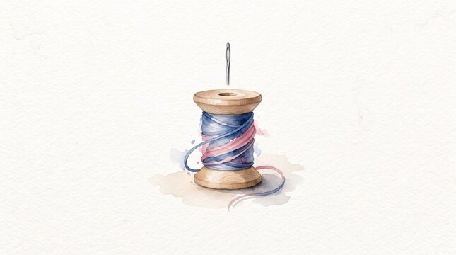Watercolor illustration of a wooden thread spool with needle