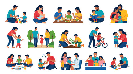 Fototapeta premium Family Parenting Flat Design Vector Illustration: Parents and Children Engaged in Daily Life Activities