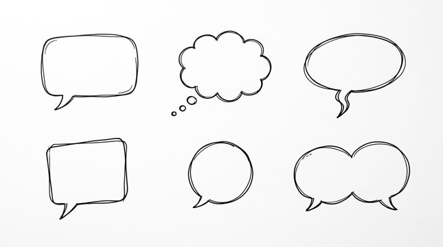 Hand drawn speech bubbles set. Sketchy communication clouds for creative design projects.