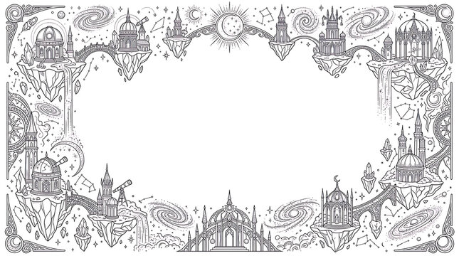 Fantasy floating island castles and space elements frame border