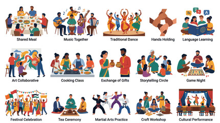 Naklejka premium Cultural Diversity and Community Engagement Flat Vector Illustration Set of Traditional Activities and Social Interactions