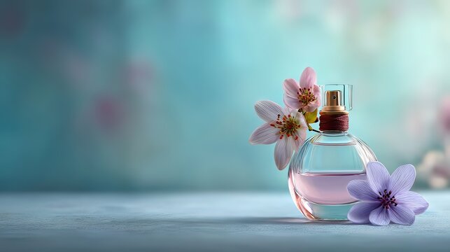 Elegant perfume bottle with flowers on a soft blurred background, perfect for beauty and fragrance themes