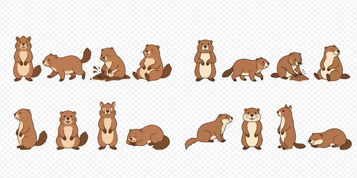 Set of cute groundhog cartoon characters in various poses, including standing, walking, sitting, and sleeping, isolated on a transparent background.